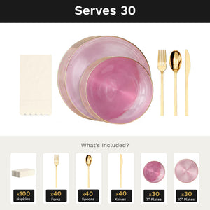 Pink Luster Ultimate Set | Plates, Gold Cutlery & Napkins | Serves 30