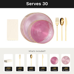 Pink Luster Ultimate Set | Plates, Gold Cutlery & Napkins | Serves 30