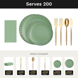 Scalloped Matcha Ultimate Set | Plates, Gold Cutlery & Napkins | Serves 200