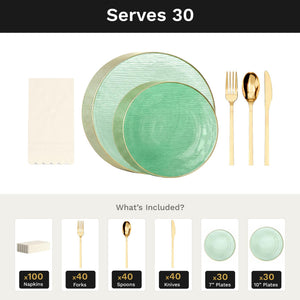 Green Weave Ultimate Set | Plates, Gold Cutlery & Napkins | Serves 30
