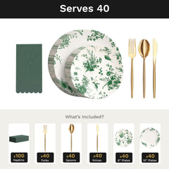 Verdure Ultimate Set | Plates, Gold Cutlery & Napkins | Serves 40