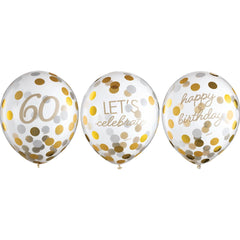 60 Round Transparent Confetti Latex Balloons, Gold, 12-inch, 6-ct - Pack of 6