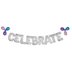 Celebrate Letters Transparent Confetti Foil Balloon Banner, Silver, 8.5-in - Pack of 5