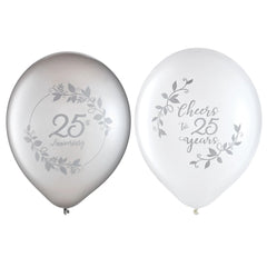 25th Anniversary Round Latex Balloons, Silver/White, 12-inch, 15-ct - Pack of 2