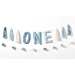 1st Birthday Felt Plush Pom Pom Banner, 9 inch x 8 ft, Blue - Case of 24