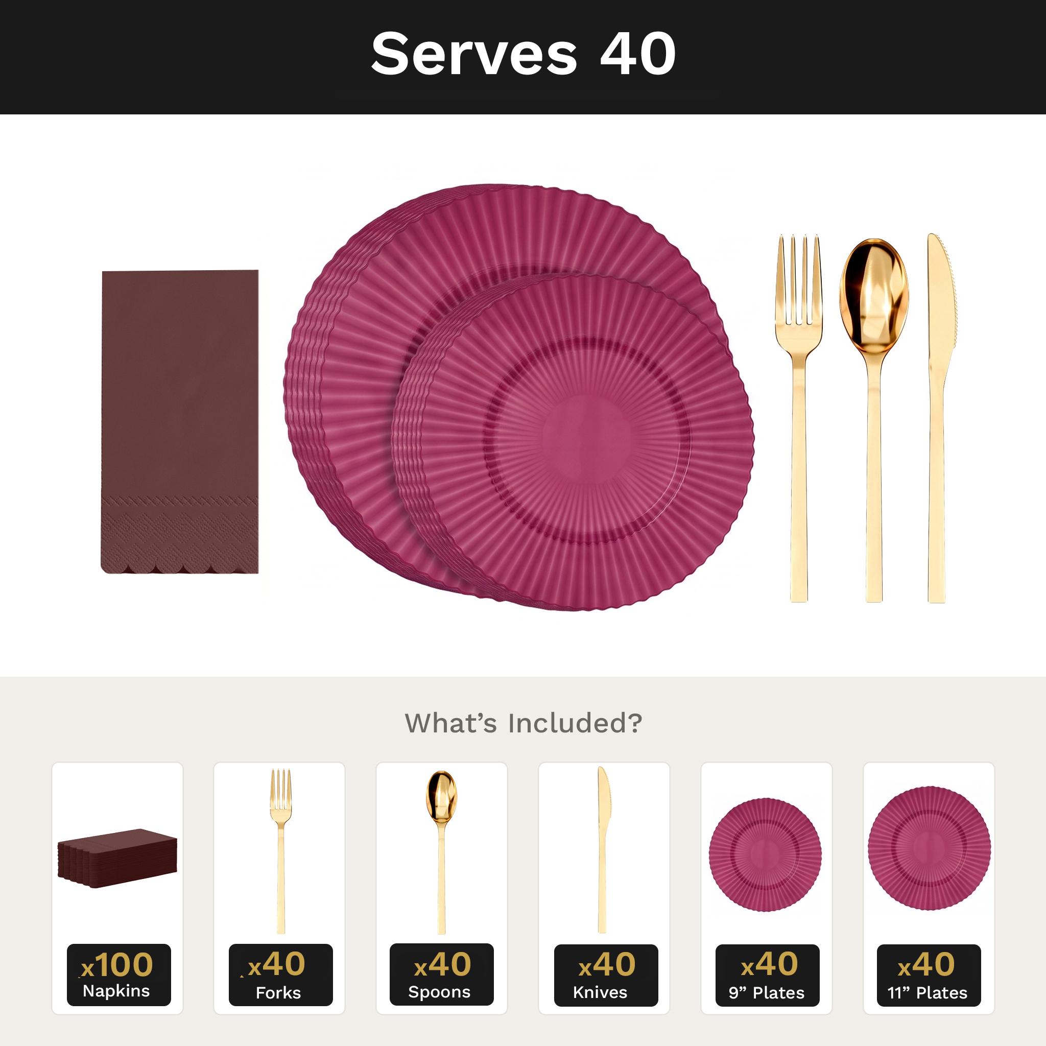 Mahogany Gemstone Ultimate Set | Plates, Gold Cutlery & Napkins | Serves 40