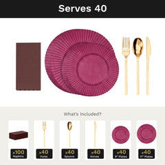 Mahogany Gemstone Ultimate Set | Plates, Gold Cutlery & Napkins | Serves 40