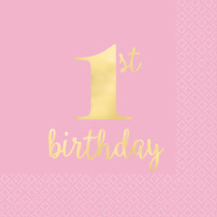 1st Birthday Beverage Napkins, Pink/Gold, 5-inch, 16-ct - Pack of 2
