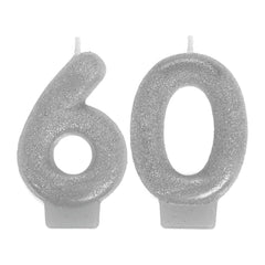 60 Number Glitter Wax Candle, Silver, 3 inch, 2-ct - Pack of 12