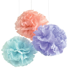 Pastel Fluffy Paper Pom Pom Decorations, 3-ct - Case of 12