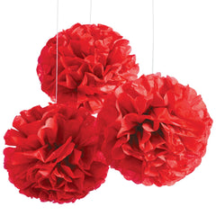 Vibrant Red Fluffy Tissue Pom Pom Decorations - 16-Inch, 3-ct - Case of 12