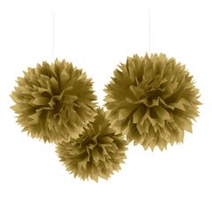 Golden Fluffy Pom-Pom Decorations, 3-ct - Case of 12