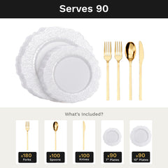 Pearl White Leaf Deluxe Set | Plates & Gold Cutlery | Serves 90