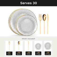 Clear Burst Deluxe Set | Plates & Gold Cutlery | Serves 30