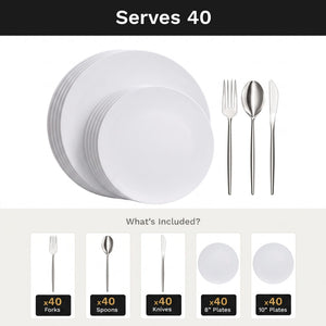 Trend White Deluxe Set | Plates & Silver Cutlery | Serves 40