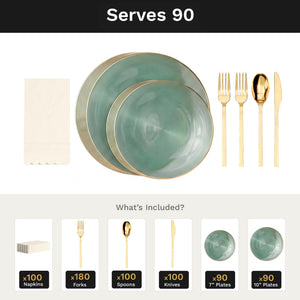 Green Luster Ultimate Set | Plates, Gold Cutlery & Napkins | Serves 90