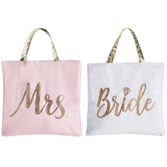 Mrs. and Bride Reversible Tote Bag, Pink/White, 10-inch - Pack of 2
