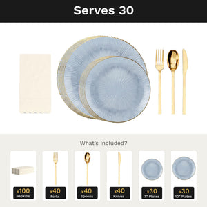 Blue Burst Ultimate Set | Plates, Gold Cutlery & Napkins | Serves 30