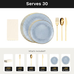 Blue Burst Ultimate Set | Plates, Gold Cutlery & Napkins | Serves 30