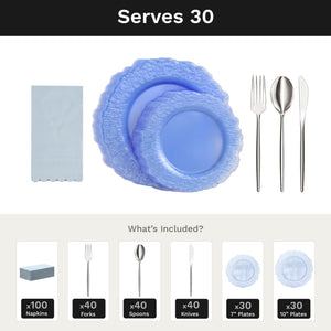 Blue Leaf Ultimate Set | Plates, Silver Cutlery & Napkins | Serves 30