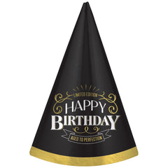 Elegant Black and Gold Aged to Perfection Birthday Cone Hat - Pack of 12