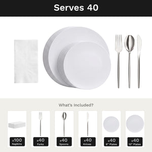 Trend White Ultimate Set | Plates, Silver Cutlery & Napkins | Serves 40