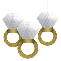 Honeycomb Diamond Ring Hanging Decorations, Gold/White, 12-inch, 3-ct - Case of 60