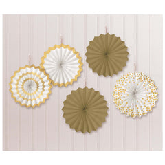 Paper Fan Decorations, Gold/White, 7 inch, 5-ct - Pack of 12