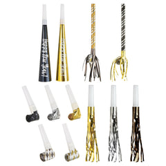 New Year Horns & Blowouts, Black/Gold/Silver, Striped, 50-pk - Case of 18