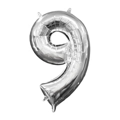 Silver Number '9' Metallic Foil Balloon - Pack of 5