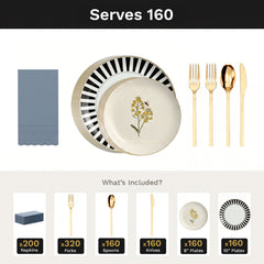 Earthtrends Nectar Ultimate Set | Plates, Gold Cutlery & Napkins | Serves 160