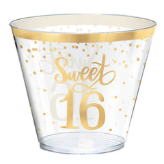 Sweet 16 Plastic Reusable Tumbler Cups, Clear/Gold, 16-oz, 30-ct - Pack of 6