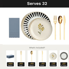 Earthtrends Nectar Ultimate Set | Plates, Gold Cutlery & Napkins | Serves 32
