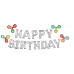 Happy Birthday Letters Transparent Confetti Foil Balloon Banner, Silver, 8.5-in