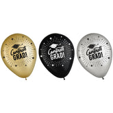 Congrats Grad Printed Latex Balloons, Black/Gold/Silver, 12-inch, 72-pk