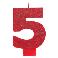Red Wax Glitter Number 5 Candle, 3.2-in