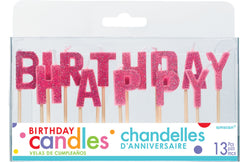 Happy Birthday Letter Glitter Candles, Pink, 3-inch, 13-pk