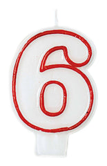 Number 6 Outline Wax Candle, White/Red, 2.2-inch x 3.2-inch