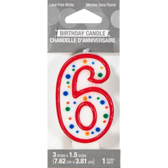Number 6 Outline Wax Candle, Multi-Colored Polka Dots
