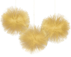Gold Tulle Pom Pom Decorations, 9-inch, 3-Pack