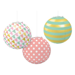 Pastel Paper Lanterns, Polka Dots & Stripes, 9.5-inch, 3-Pack