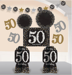 Sparkling 50th Birthday Room & Table Decorating Kit, Black/Gold/Silver, 10-inch, 10-pk