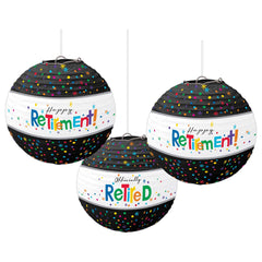 Happy Retirement Paper Lanterns, Black/White, 9.5 inch, 3-pk