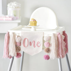 1st Birthday Fabric Pennant High Chair Banner, Pink, for Birthday Party