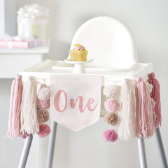 1st Birthday Fabric Pennant High Chair Banner, Pink, for Birthday Party