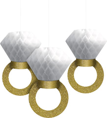 Honeycomb Diamond Ring Hanging Decorations, Gold/White, 12-inch, 3-pk