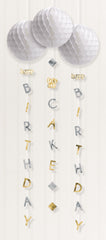 Happy Birthday Honeycomb Hanging Decorations, Gold/Silver, 4-ft, 3-pk