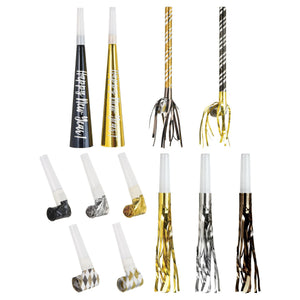 New Year Horns & Blowouts, Black/Gold/Silver, Striped, 50-pk