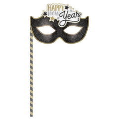 Happy New Year Masquerade Mask on a Stick, Black/Gold, One Size