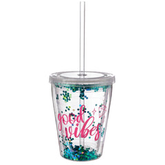 Sparkle "Good Vibes" Double Wall Tumbler with Straw, 12-ounce